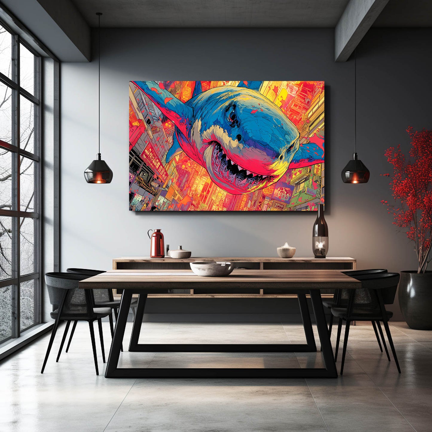 Vibrant Street Art Shark Prints – styled in a furnished interior