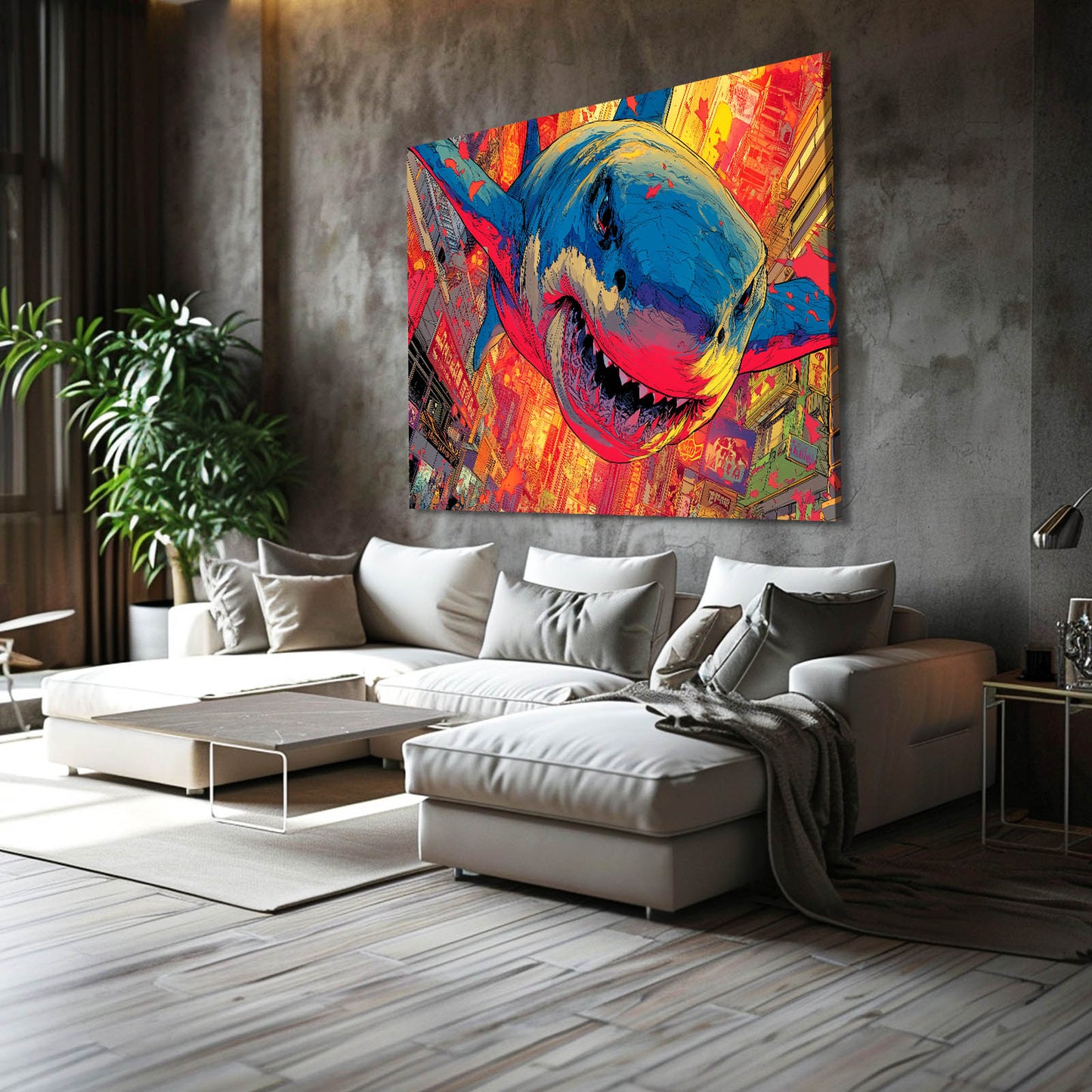 Vibrant Street Art Shark Prints – styled in a furnished interior