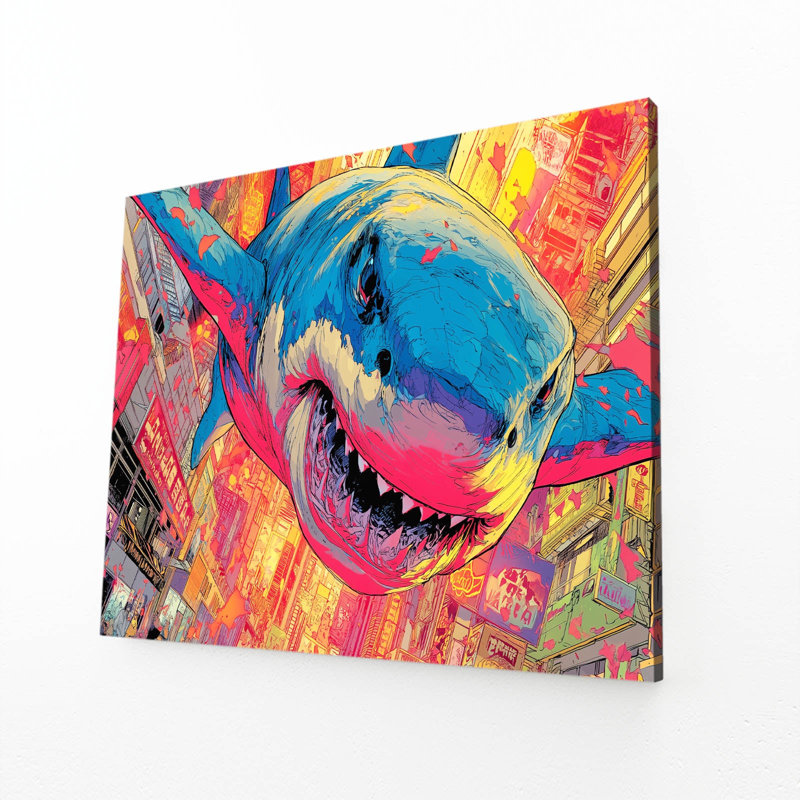 Vibrant Street Art Shark Prints – angled canvas view on white background