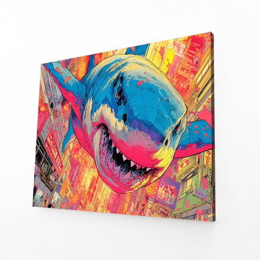 Vibrant Street Art Shark Prints – angled canvas view on white background