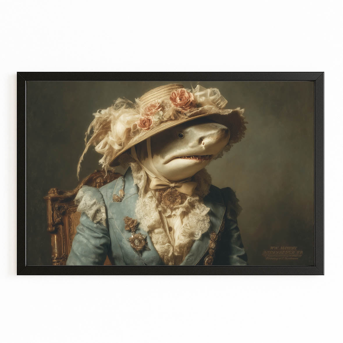 Victorian Lady Portrait Shark Wall Art – with Premium Black frame on white background