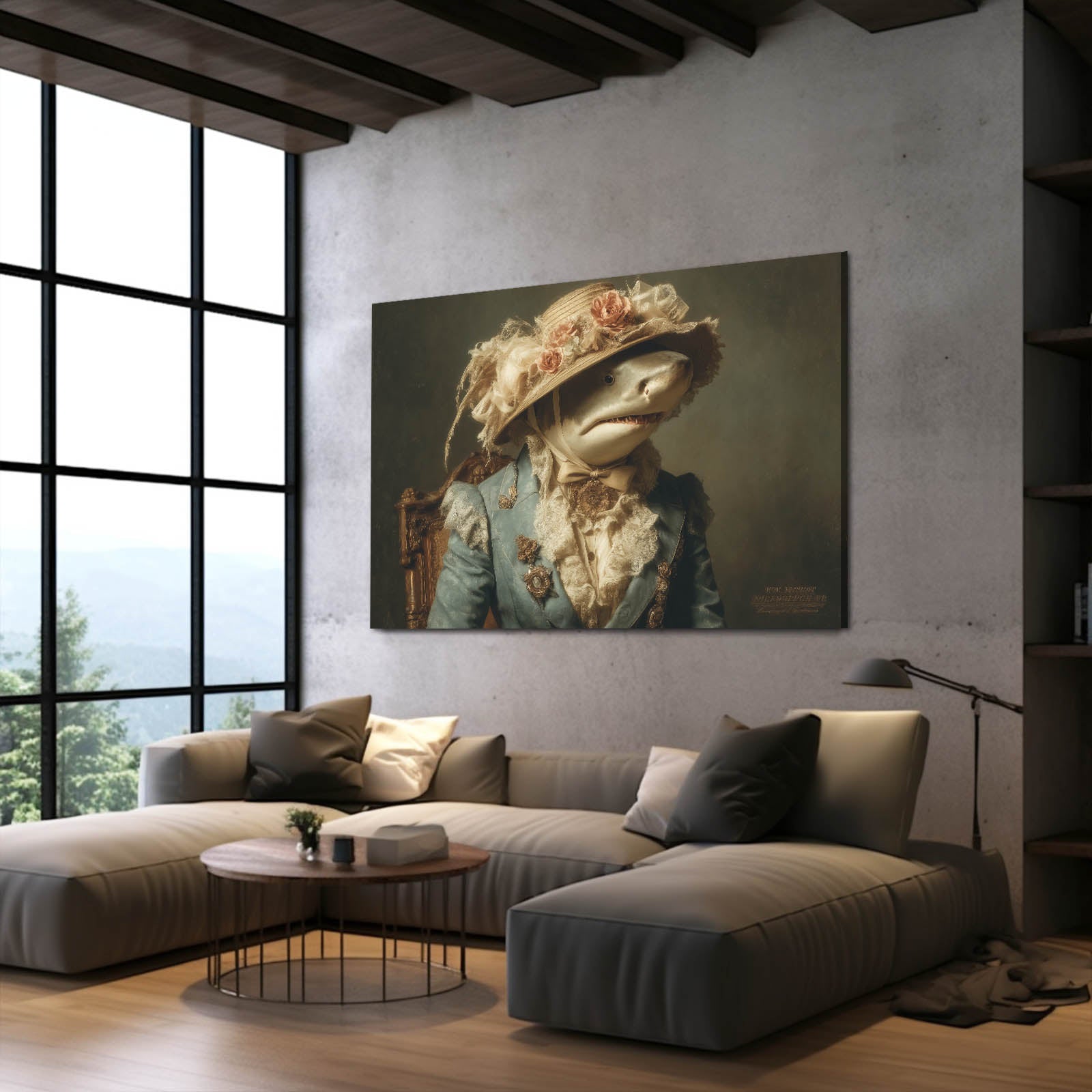 Victorian Lady Portrait Shark Wall Art – styled in a furnished interior