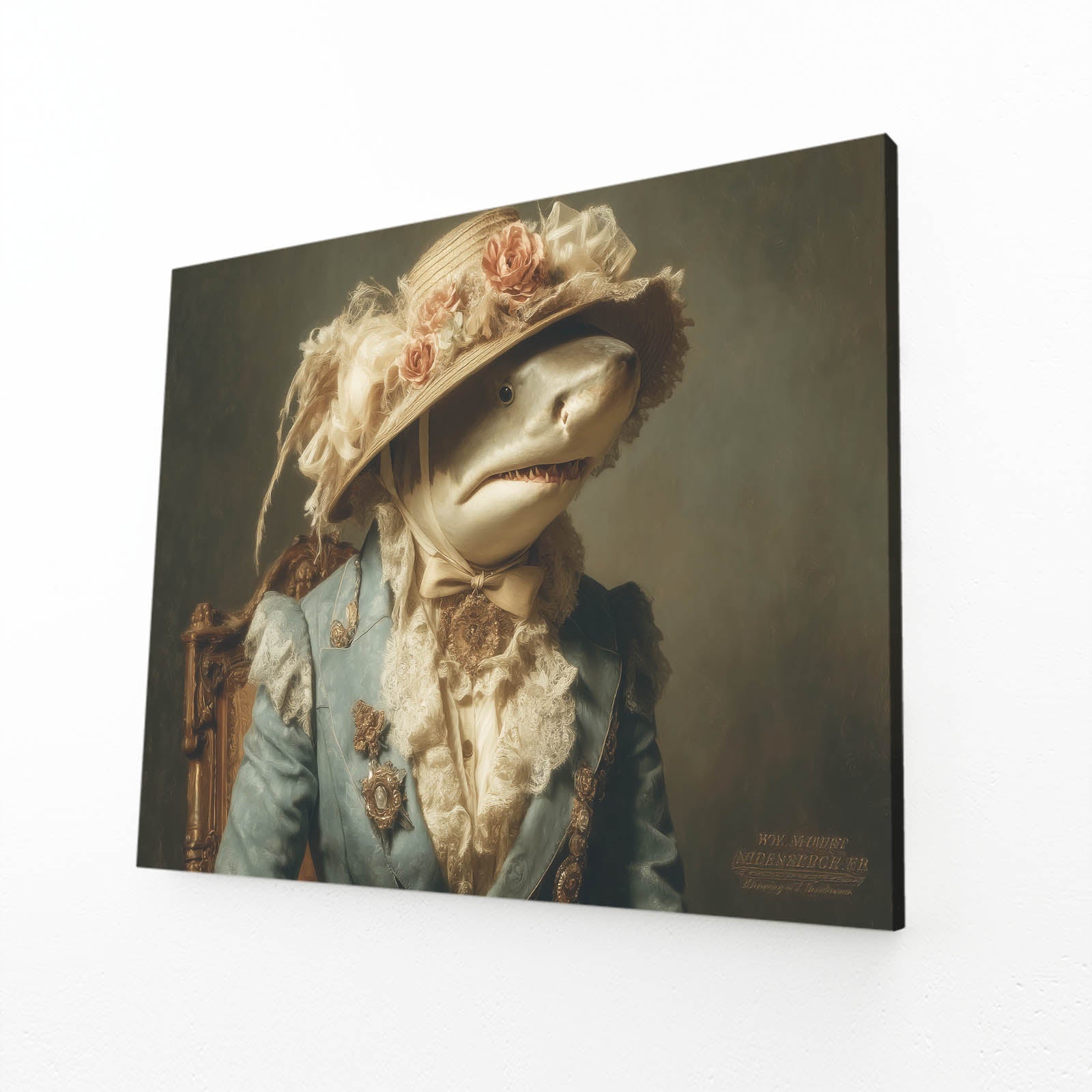 Victorian Lady Portrait Shark Wall Art – angled canvas view on white background