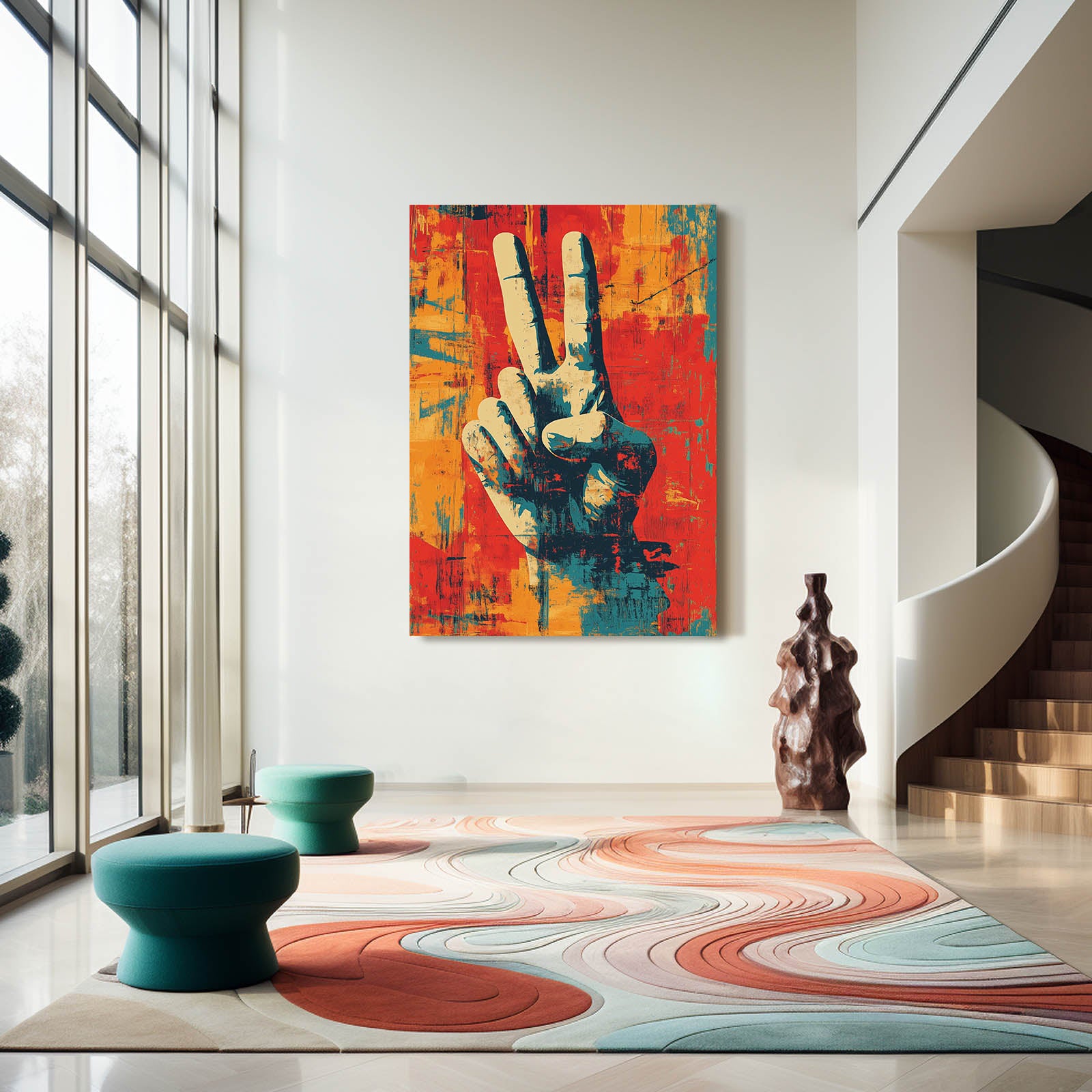 Victory Hand Grunge Peace Art – styled in a furnished interior