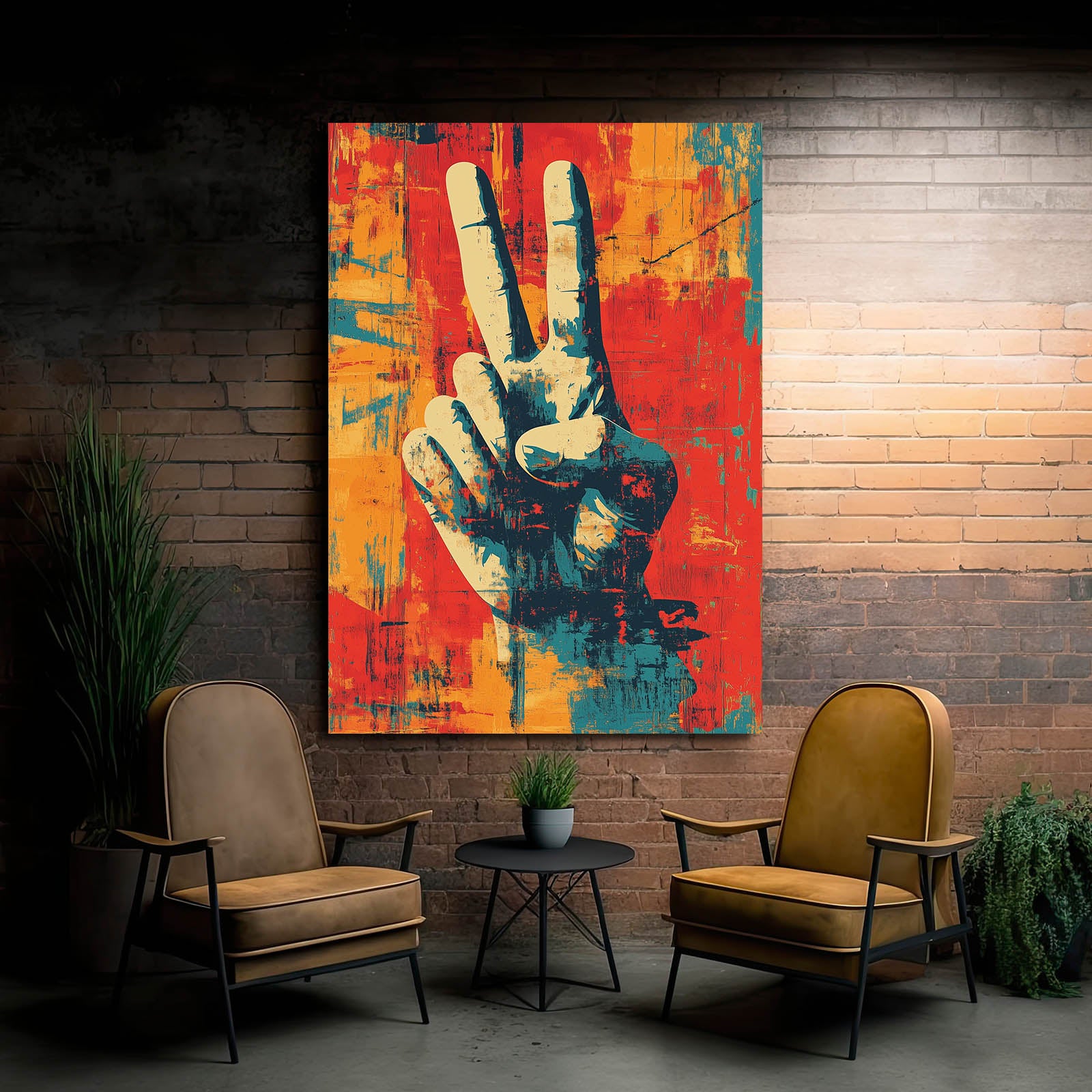 Victory Hand Grunge Peace Art – styled in a furnished interior
