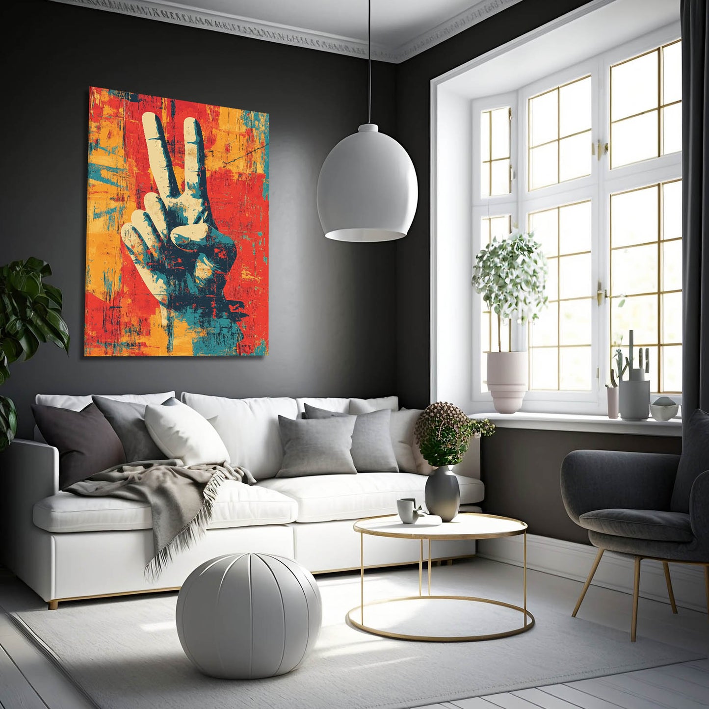 Victory Hand Grunge Peace Art – styled in a furnished interior