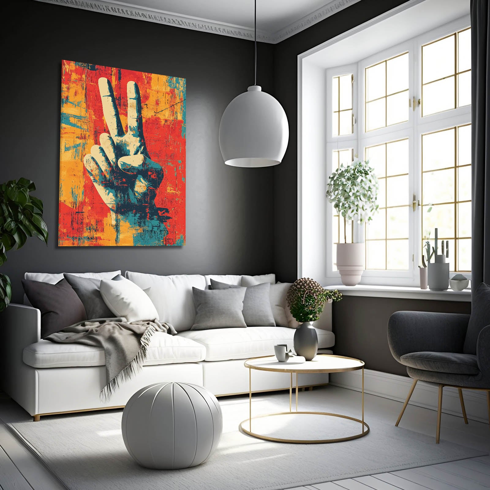 Victory Hand Grunge Peace Art – styled in a furnished interior