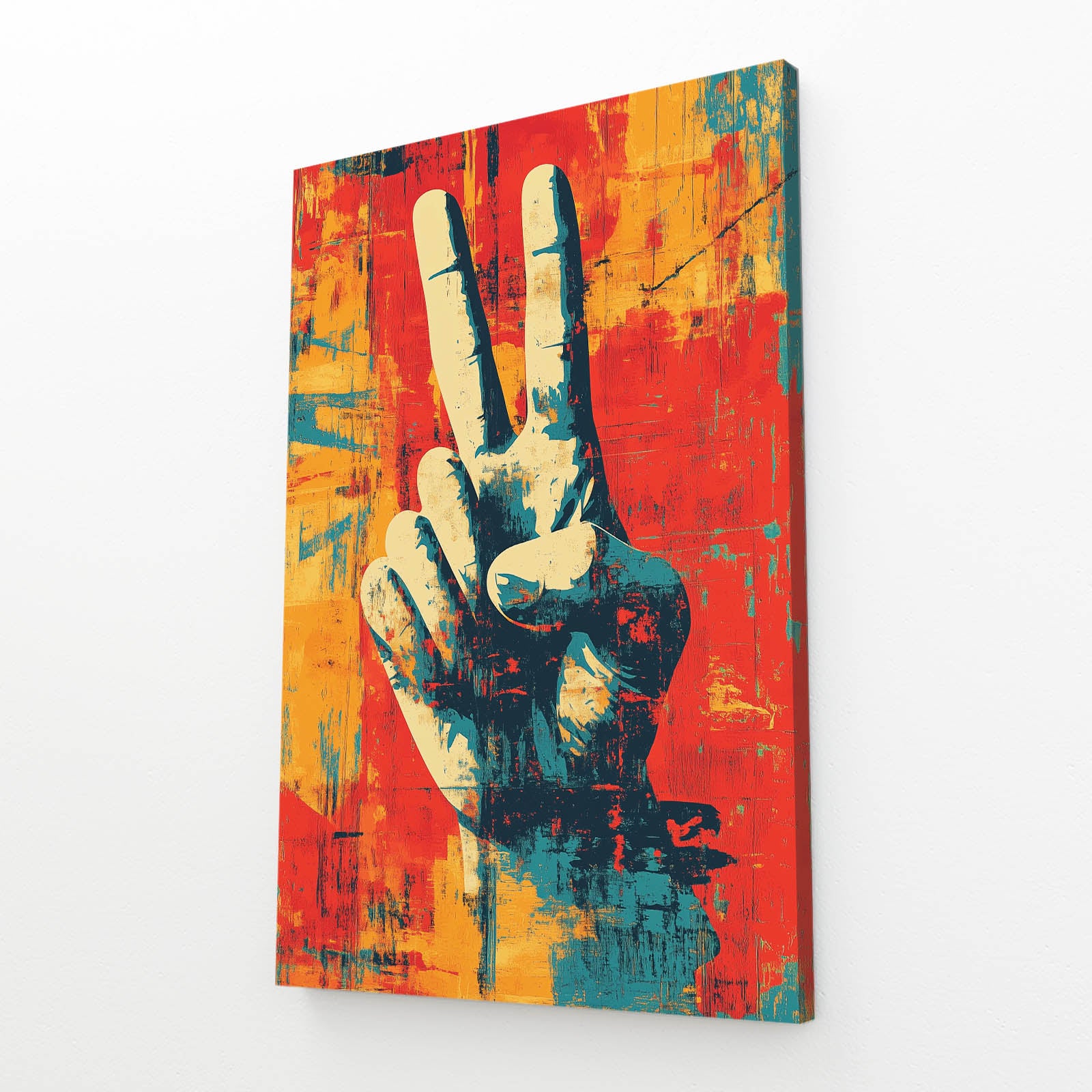 Victory Hand Grunge Peace Art – angled canvas view on white background
