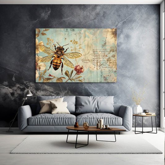 Vintage Botanical Bee Art — botanical canvas print in white tones, view 3