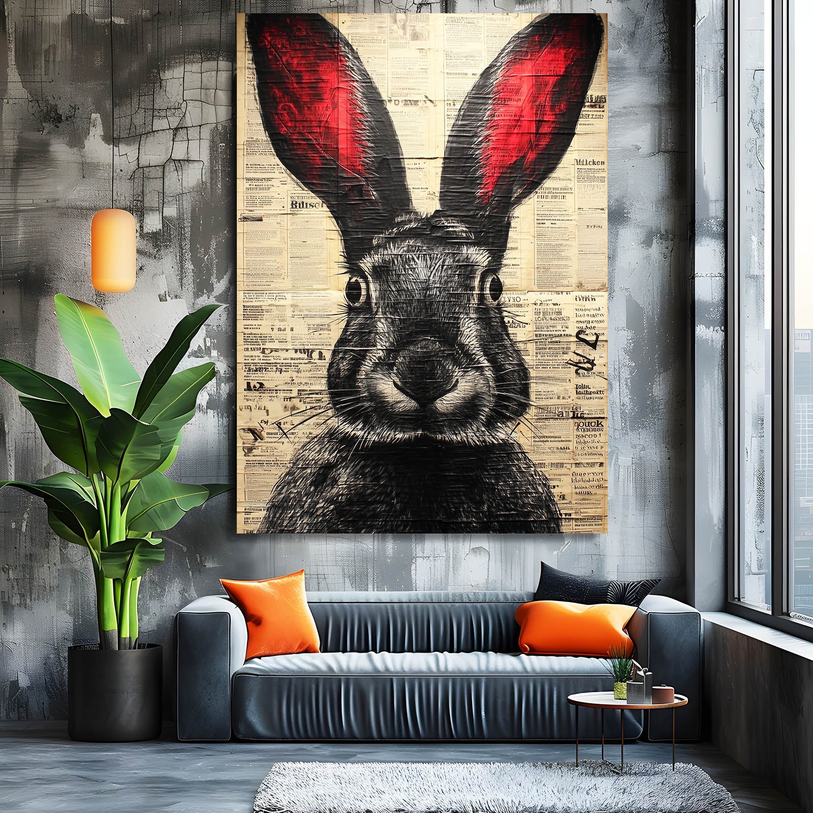 Vintage Bunny Art – angled canvas view on white background