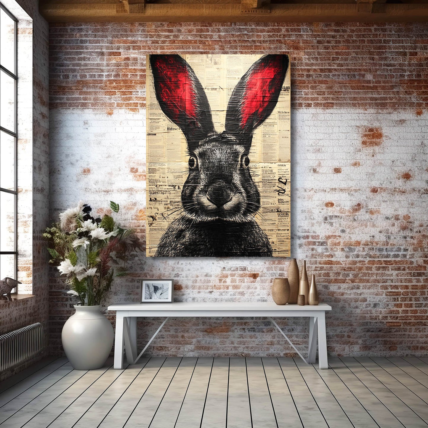Vintage Bunny Art – angled canvas view on white background