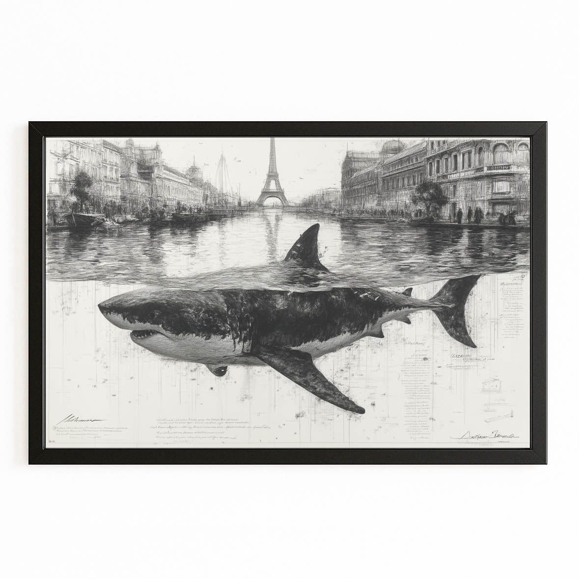 Vintage City Sketch Shark Wall Art – with Premium Black frame on white background