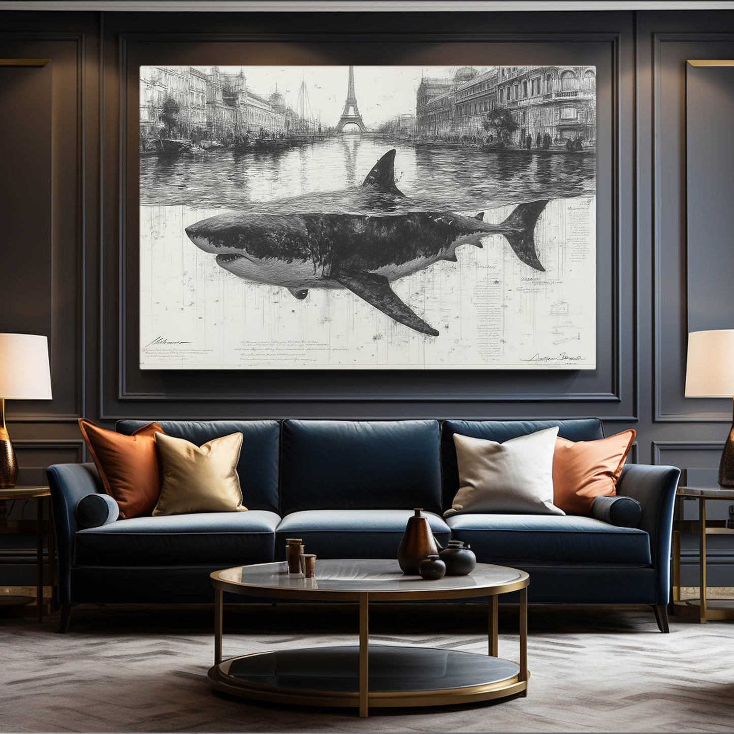 Vintage City Sketch Shark Wall Art – styled in a furnished interior