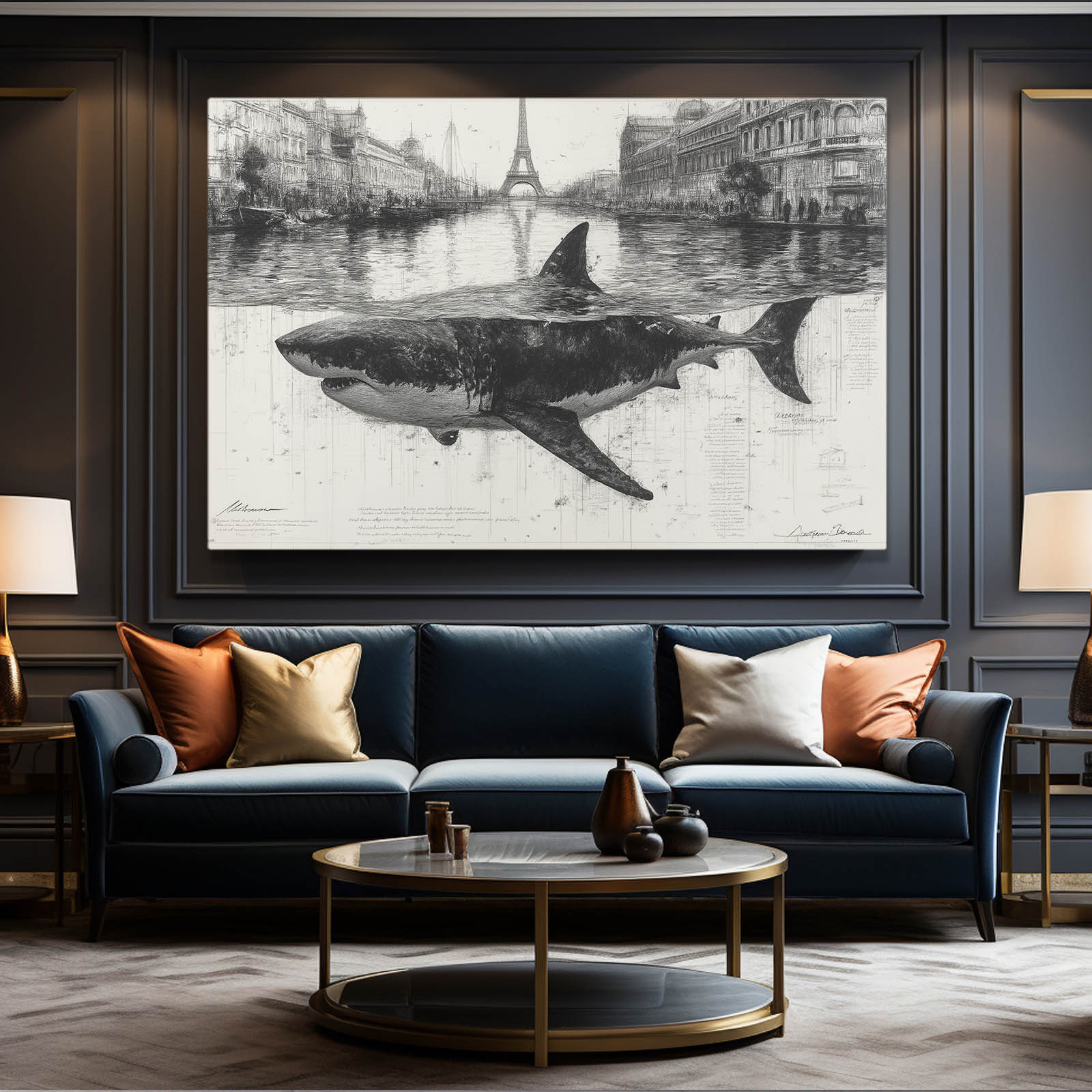 Vintage City Sketch Shark Wall Art – styled in a furnished interior