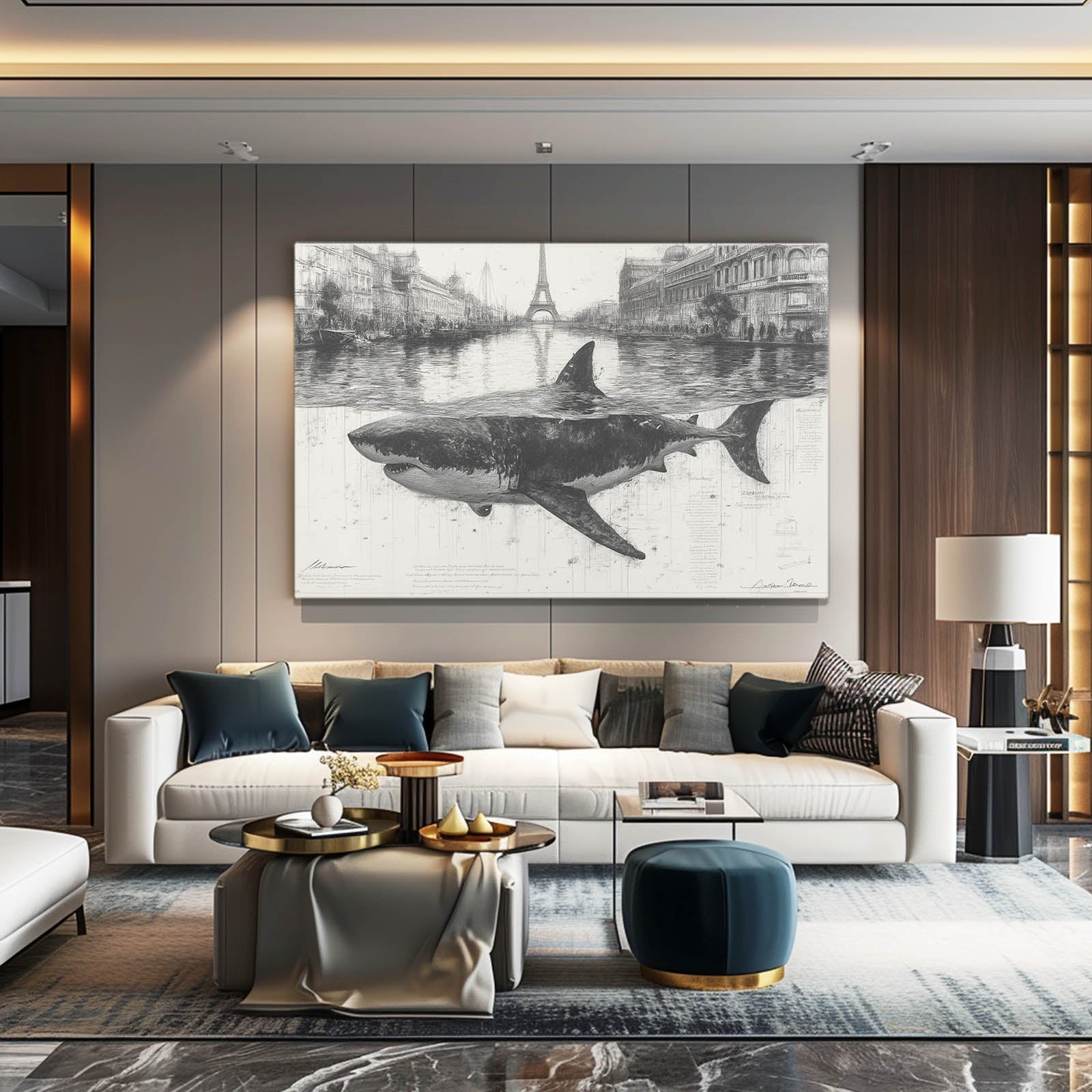 Vintage City Sketch Shark Wall Art – styled in a furnished interior