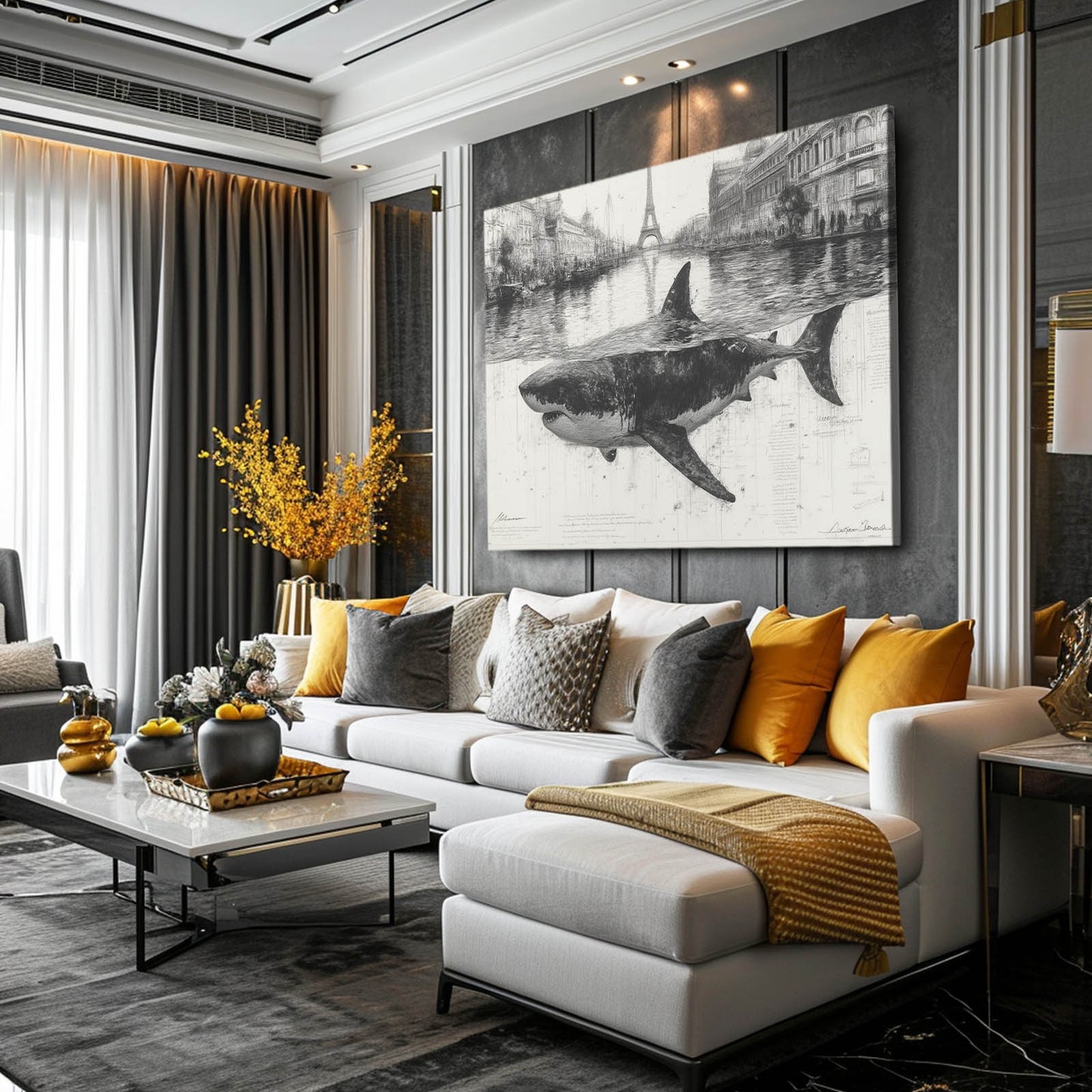 Vintage City Sketch Shark Wall Art – styled in a furnished interior