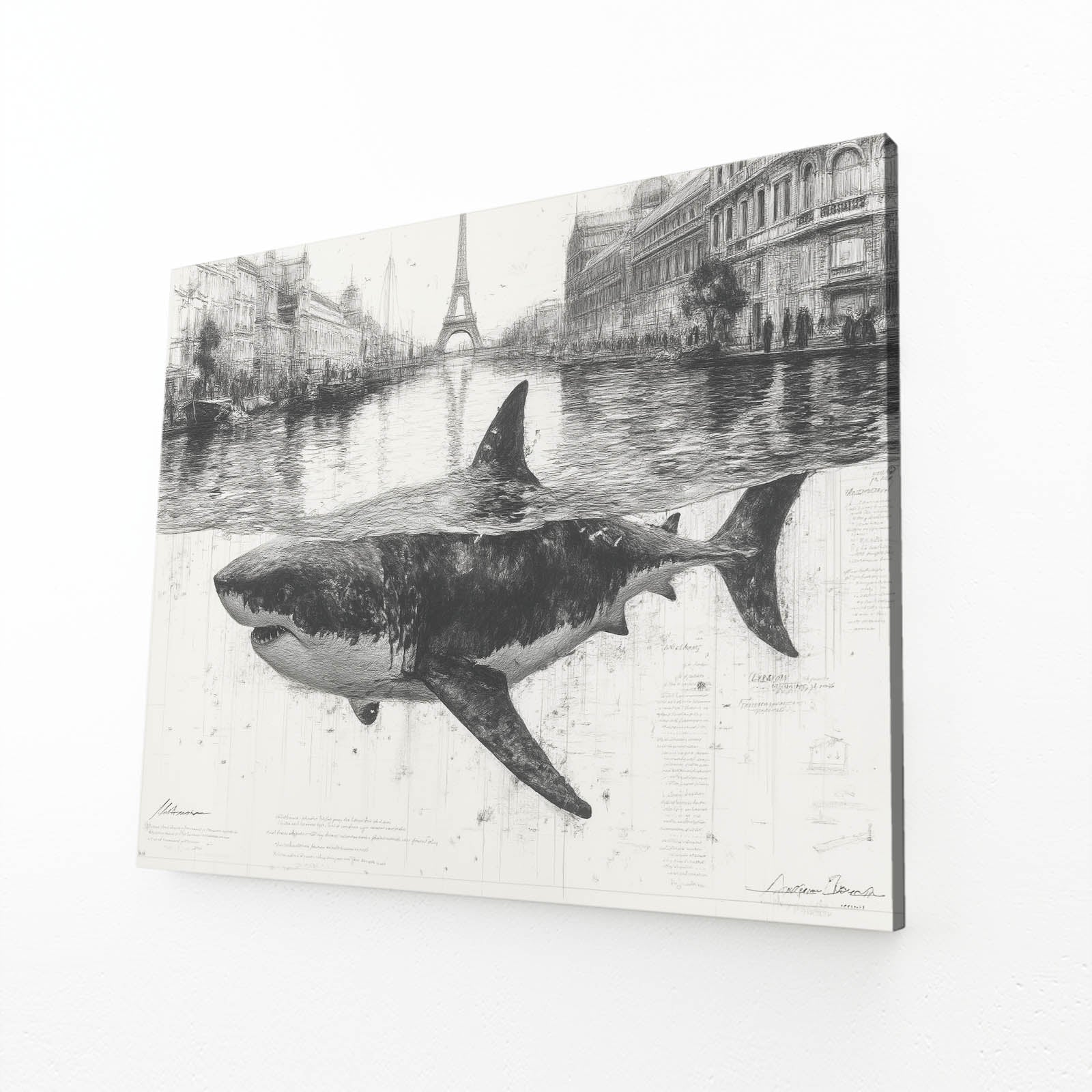 Vintage City Sketch Shark Wall Art – angled canvas view on white background