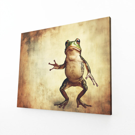 Vintage Dancing Frog Wall Art – angled canvas view on white background