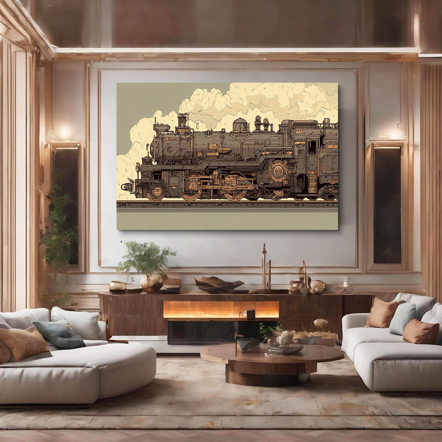 Vintage Engine Sketch Steampunk Canvas Art – styled in a furnished interior