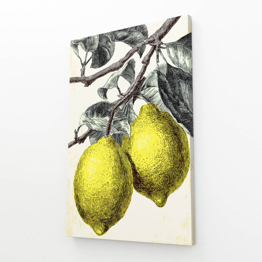 Vintage Engraved Lemons Fruit Wall Art – angled canvas view on white background