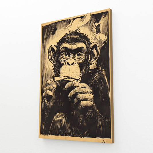 Vintage Engraved Thinker Monkey Art – angled canvas view on white background