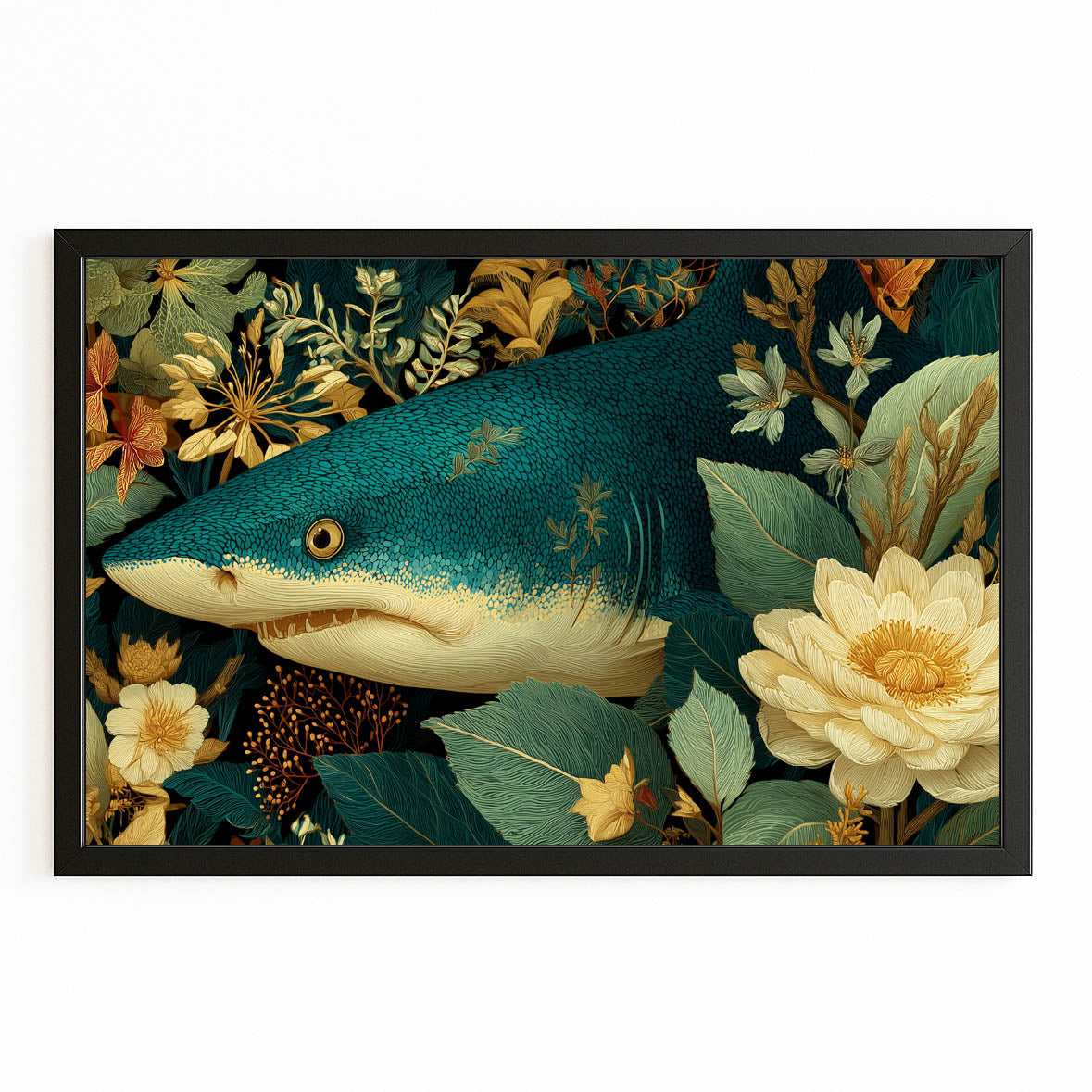 Vintage Floral Shark Art – with Premium Black frame on white background
