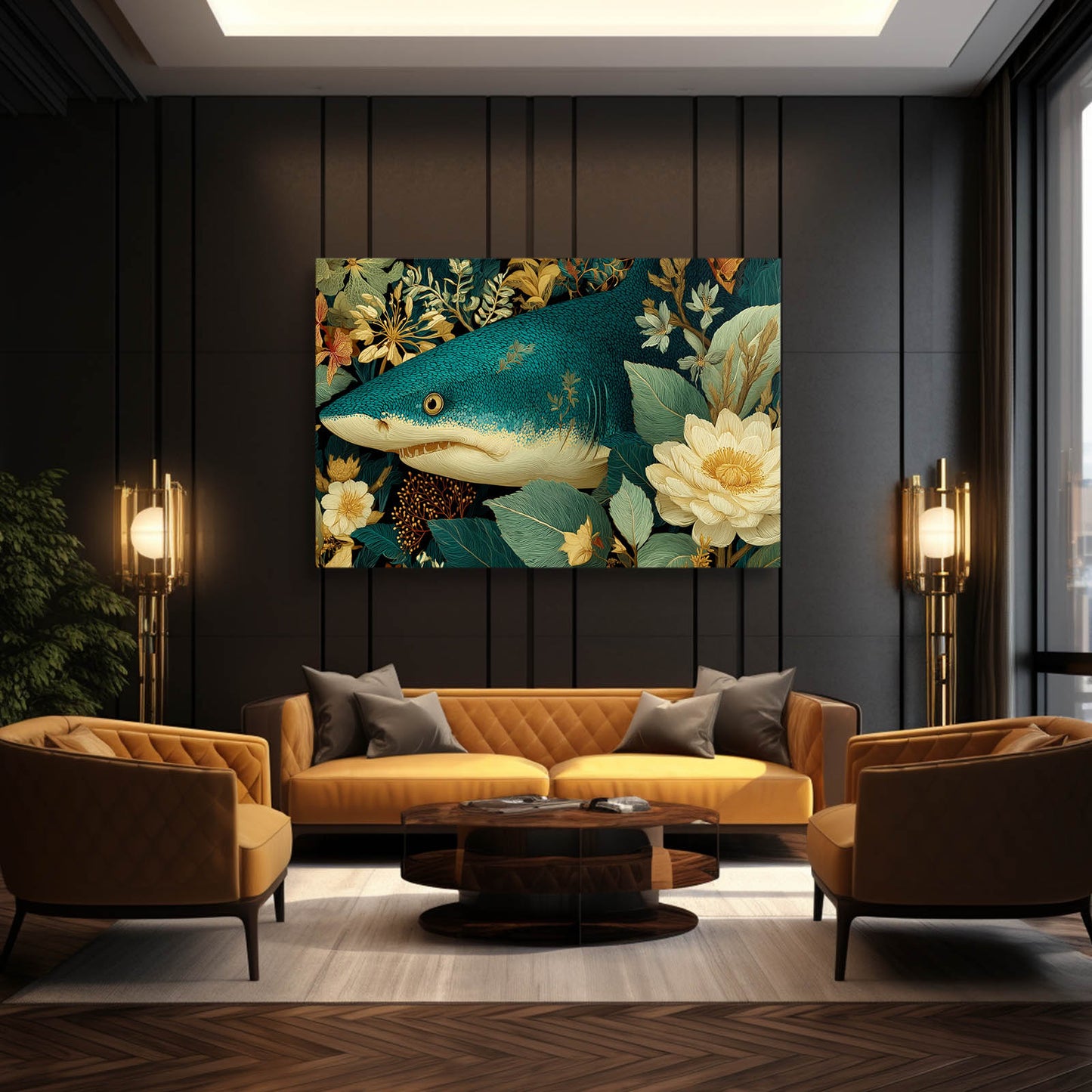 Vintage Floral Shark Art – styled in a furnished interior