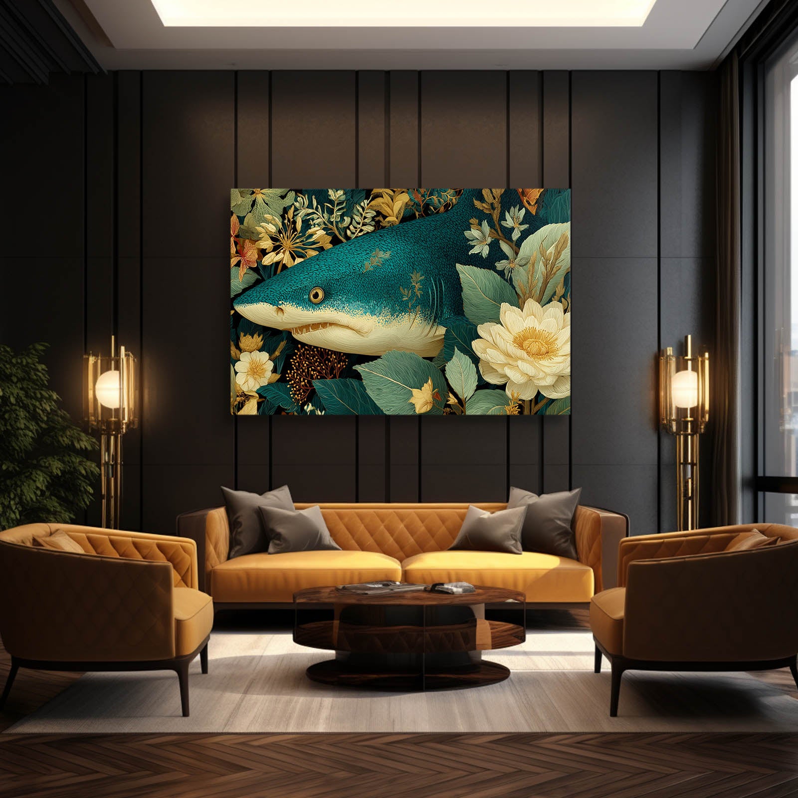 Vintage Floral Shark Art – styled in a furnished interior