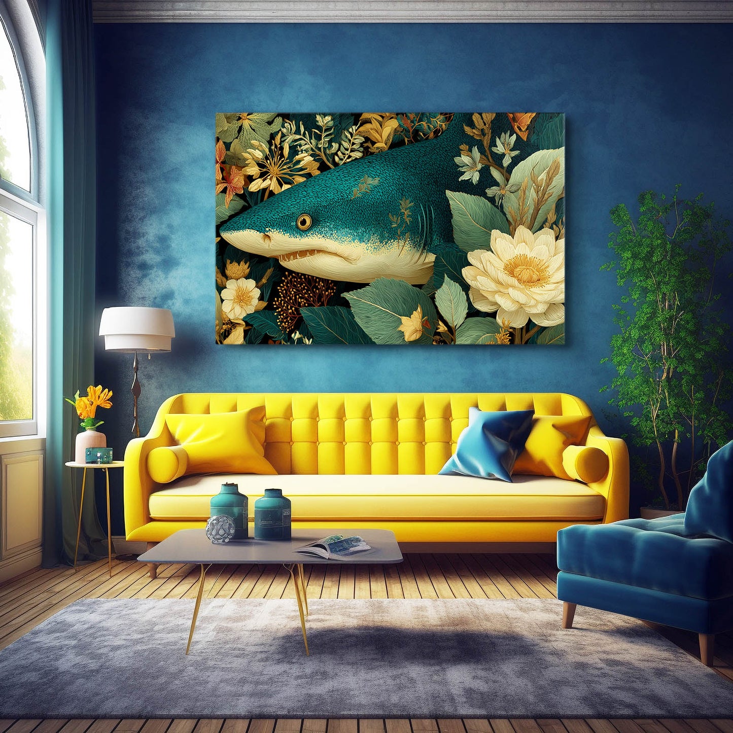 Vintage Floral Shark Art – styled in a furnished interior