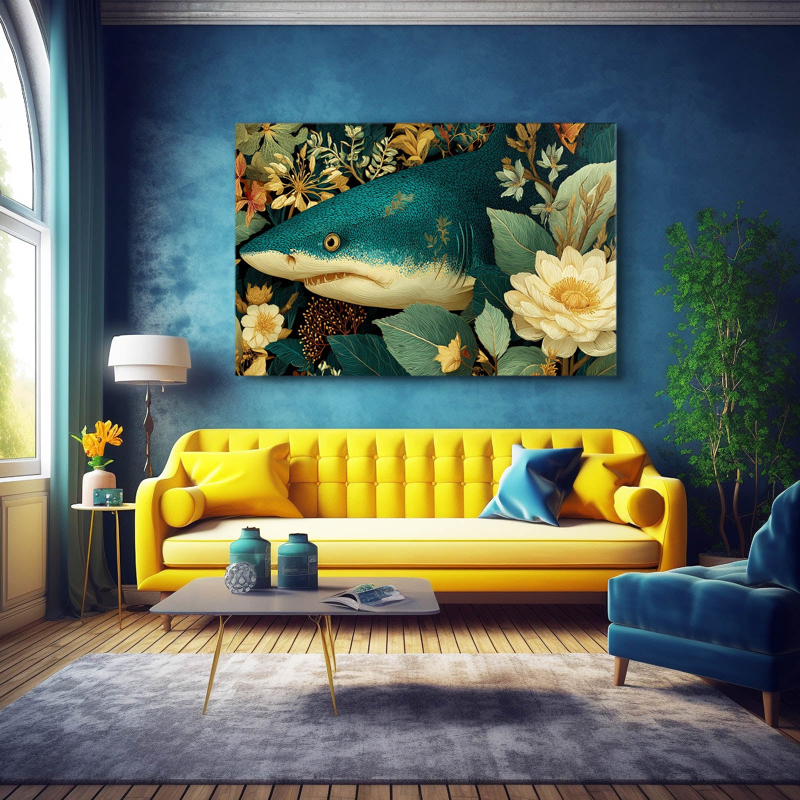 Vintage Floral Shark Art – styled in a furnished interior