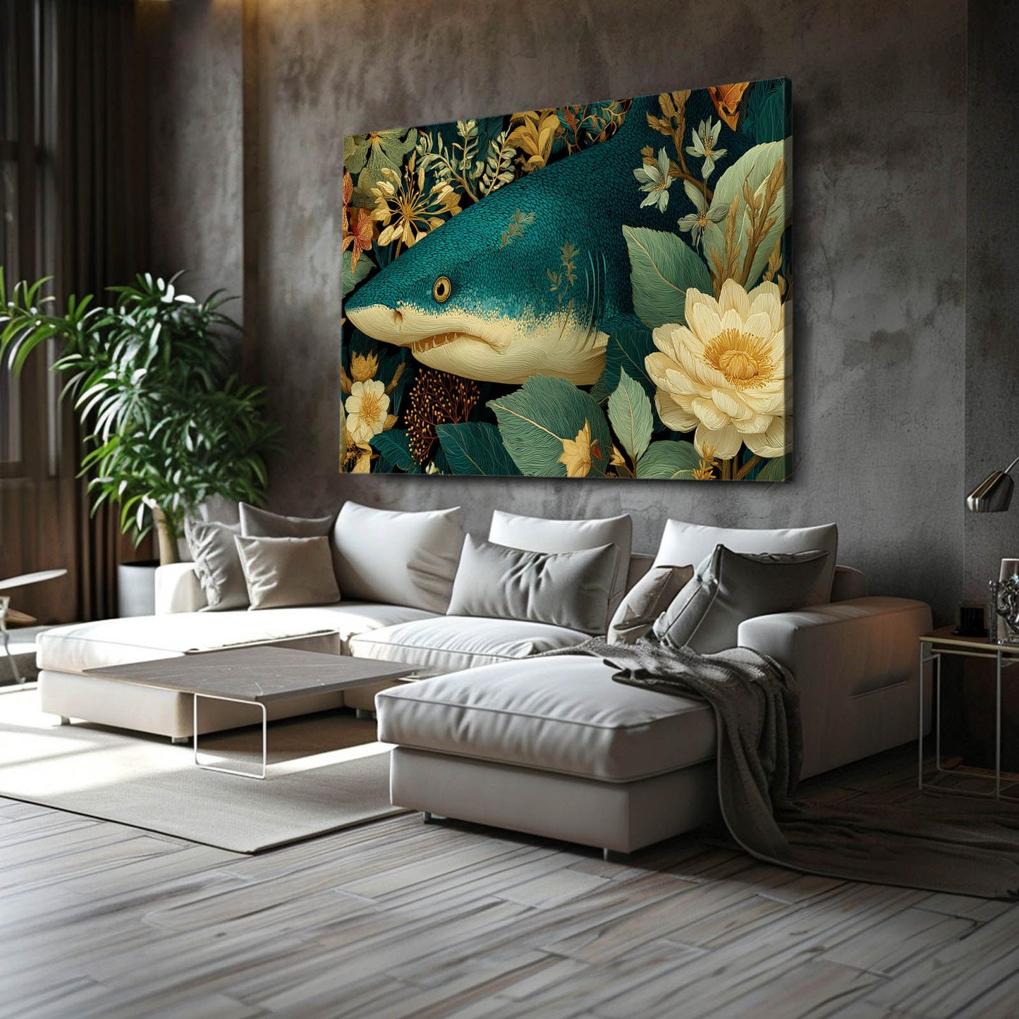 Vintage Floral Shark Art – styled in a furnished interior