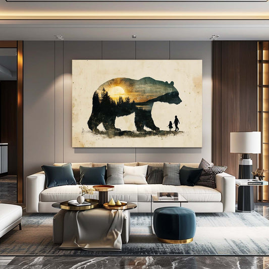 Vintage Forest Double Bear Wall Art — surrealism canvas print, styled in a furnished interior