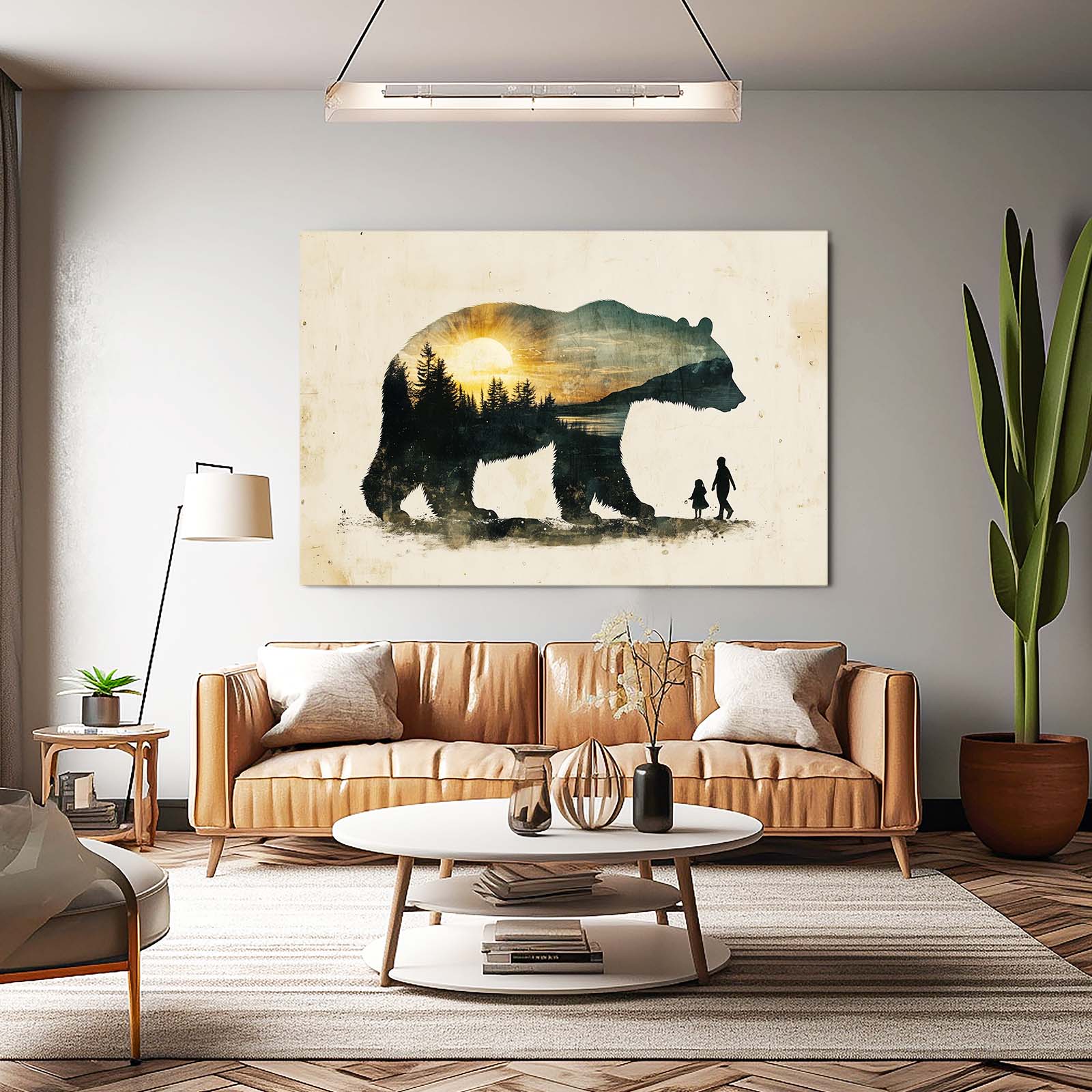Vintage Forest Double Bear Wall Art — surrealism canvas print, styled in a furnished interior