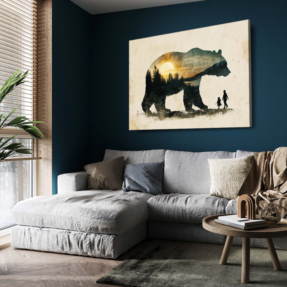 Vintage Forest Double Bear Wall Art — surrealism canvas print, styled in a furnished interior
