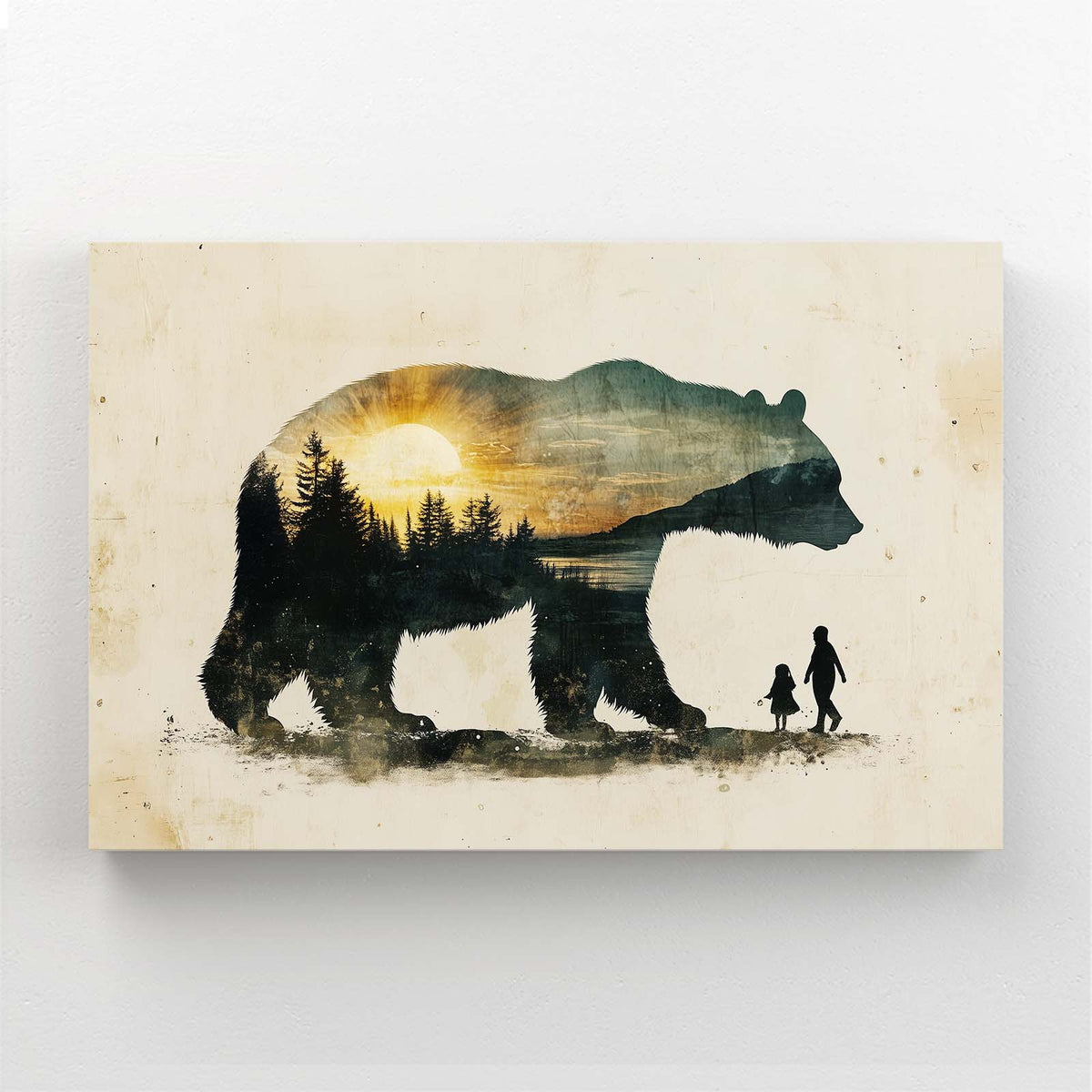 Vintage Forest Double Bear Wall Art — surrealism canvas print, angled canvas view on white background