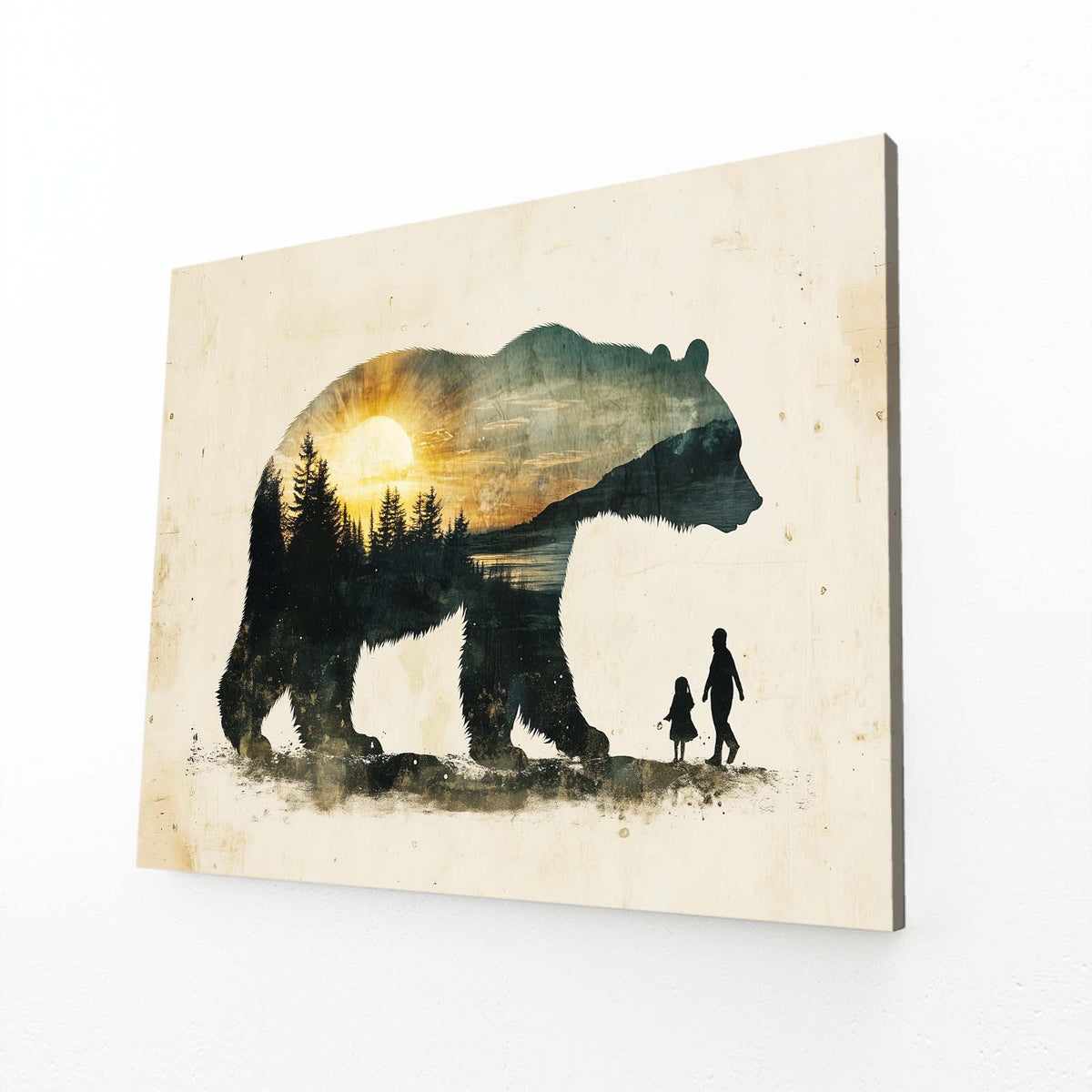 Vintage Forest Double Bear Wall Art — surrealism canvas print, angled canvas view on white background