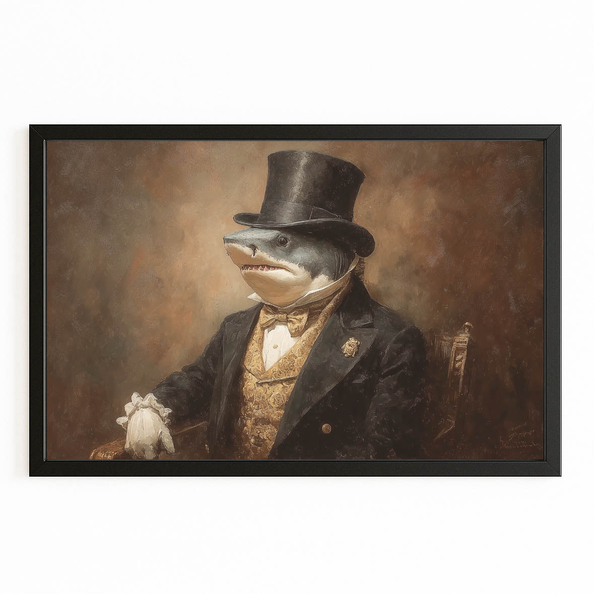 Vintage Gentleman Shark Canvas Art – with Premium Black frame on white background