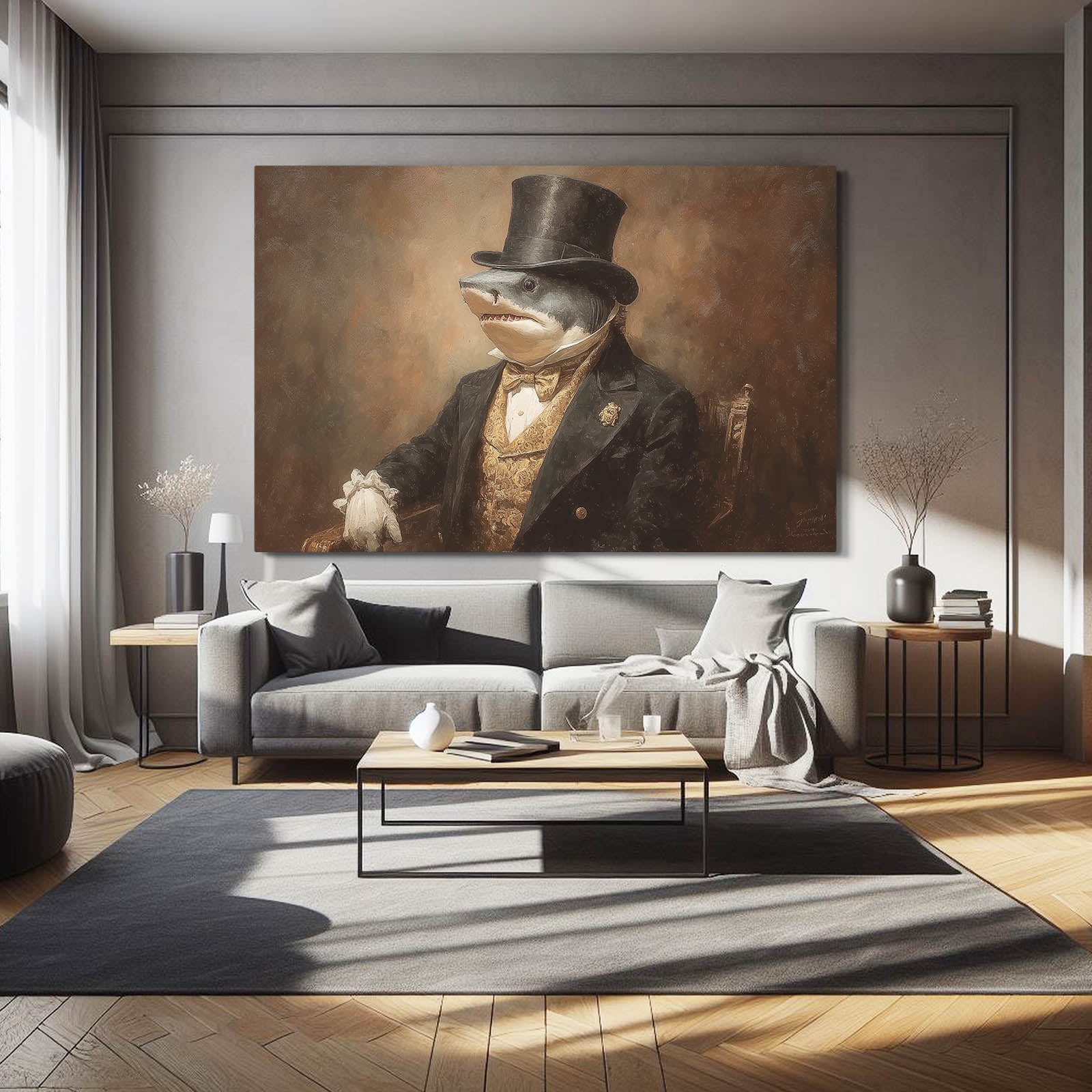 Vintage Gentleman Shark Canvas Art – styled in a furnished interior