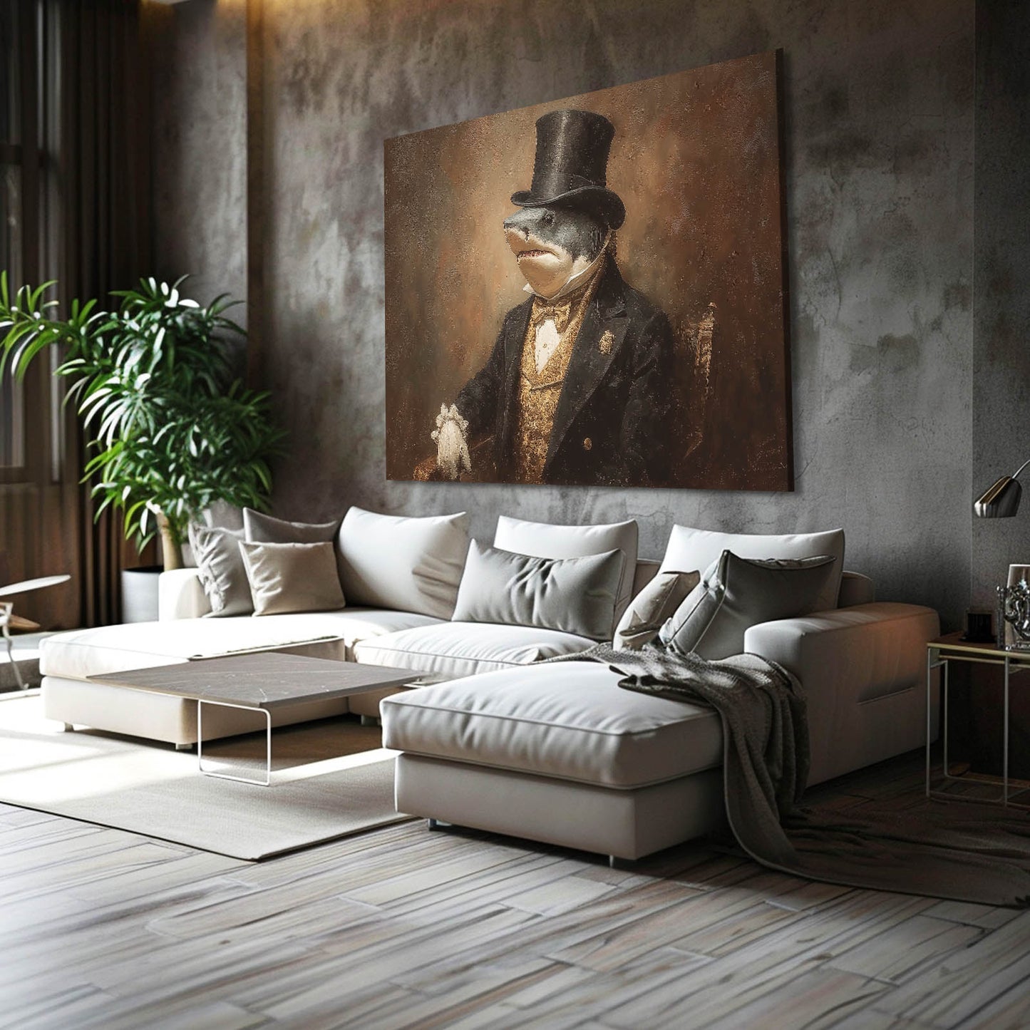Vintage Gentleman Shark Canvas Art – styled in a furnished interior