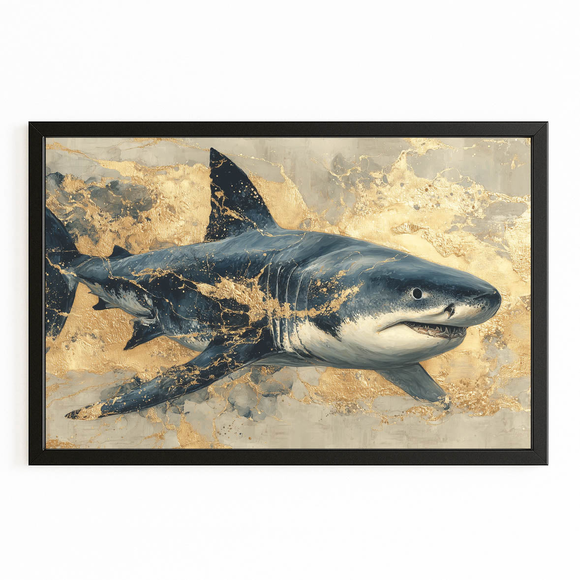 Vintage Gold Shark Canvas – with Premium Black frame on white background