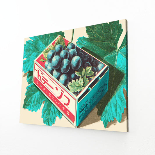 Vintage Grape Crate Fruit Wall Art – angled canvas view on white background