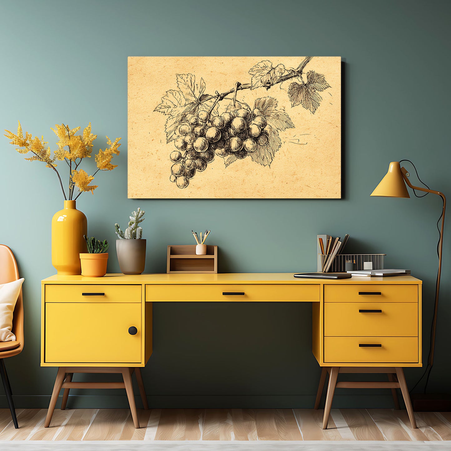 Vintage Grape Sketch Fruit Prints – styled in a furnished interior