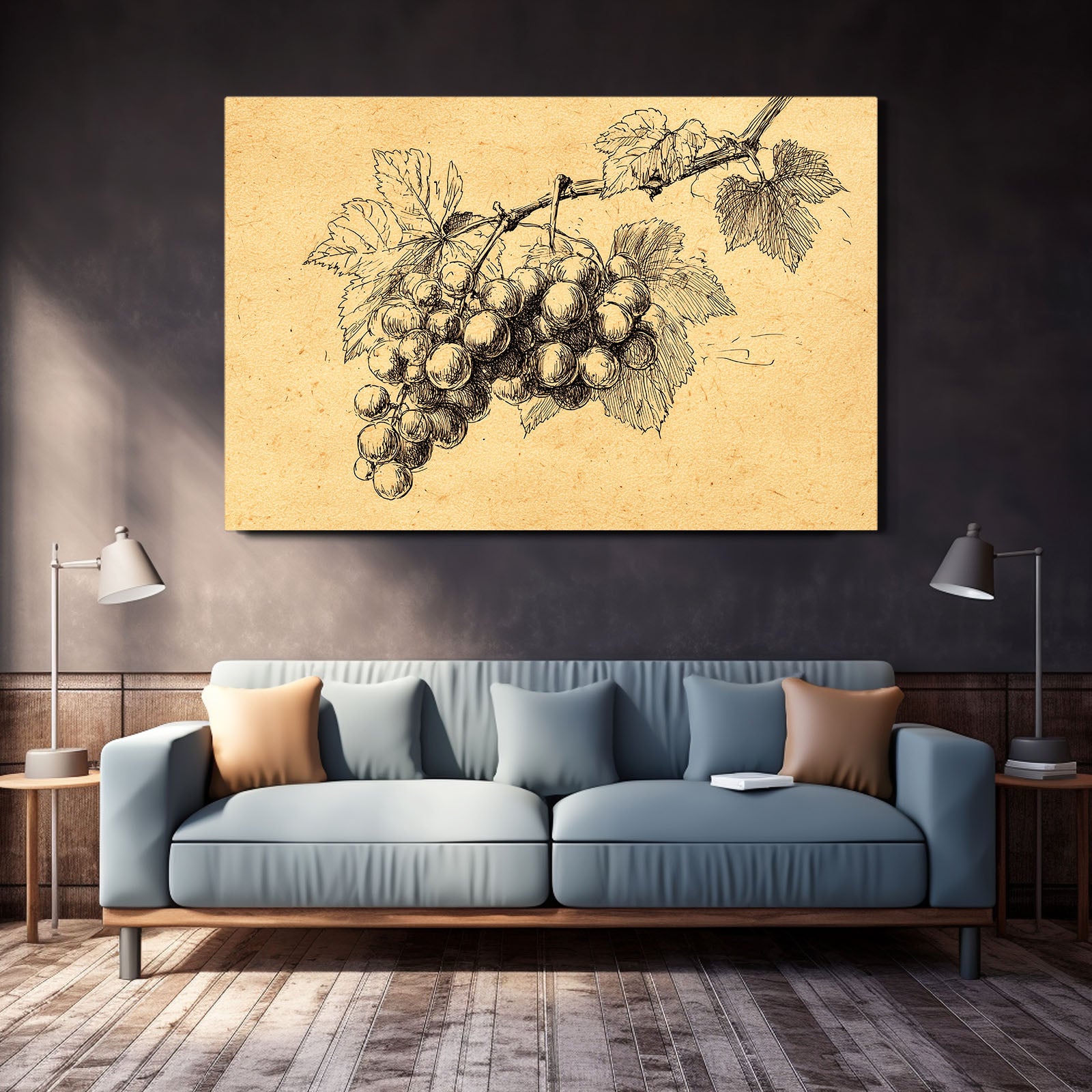 Vintage Grape Sketch Fruit Prints – styled in a furnished interior
