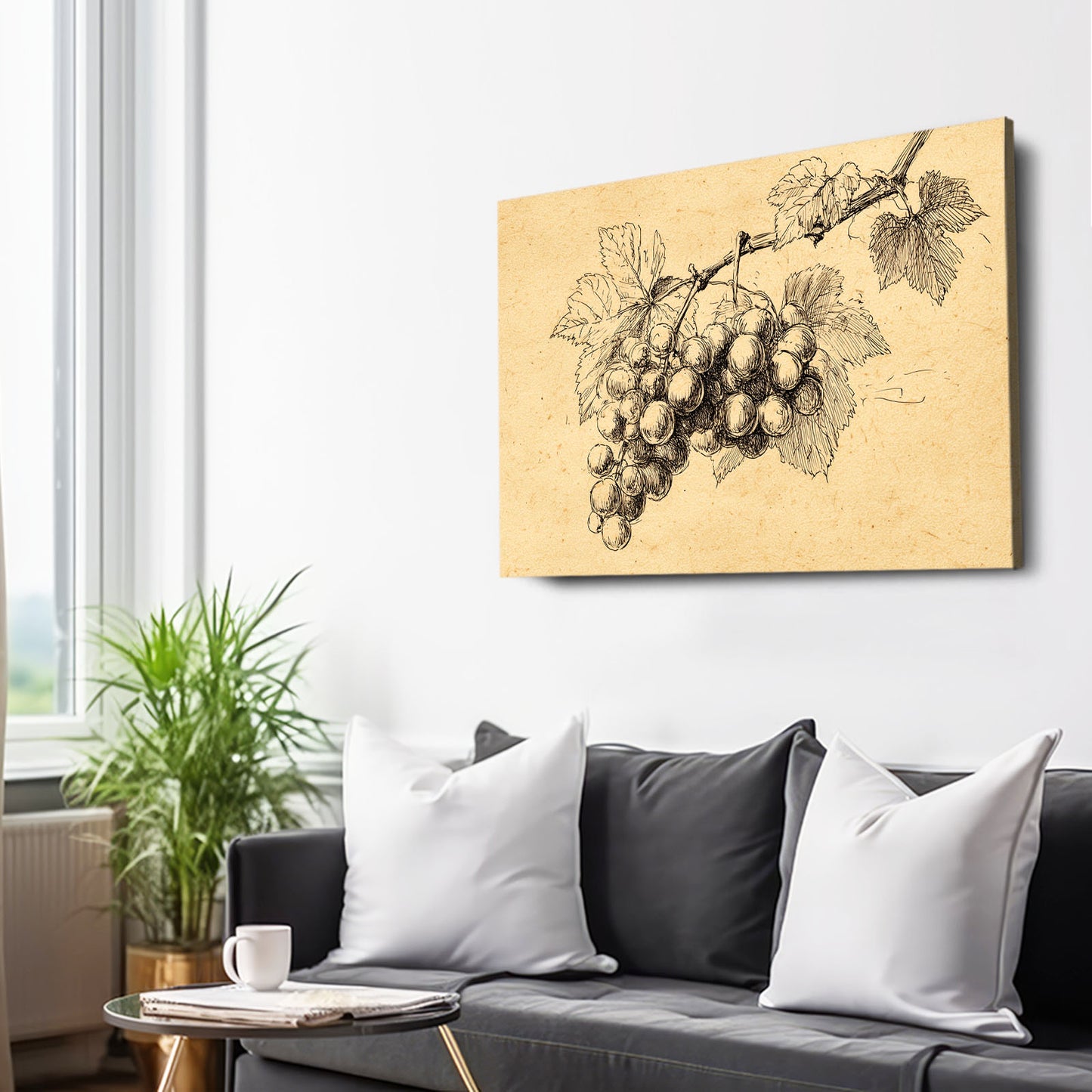 Vintage Grape Sketch Fruit Prints – styled in a furnished interior