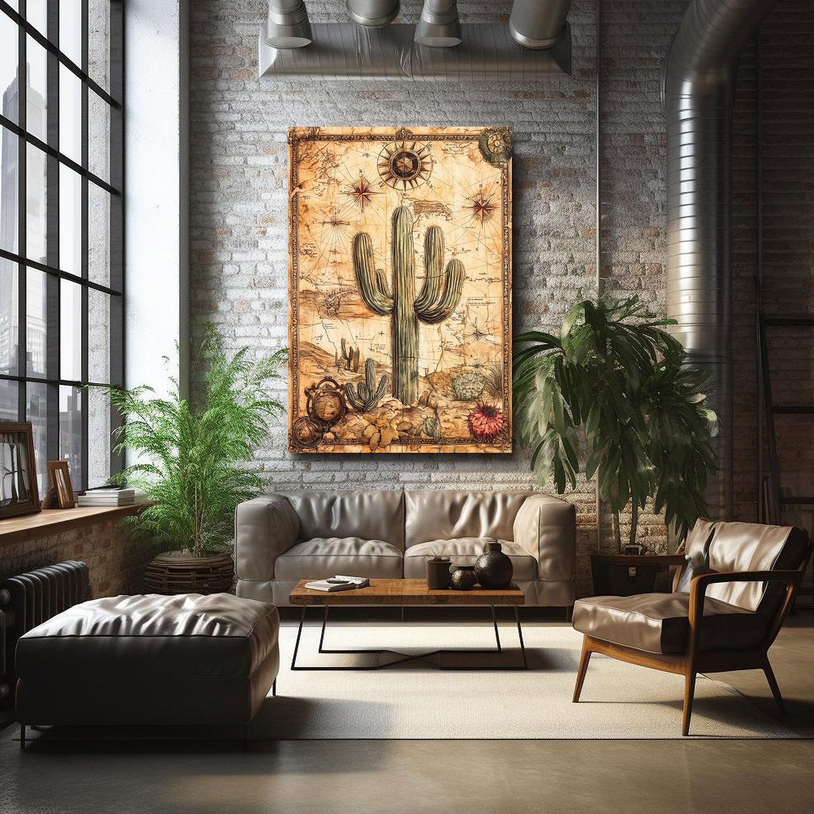 Vintage Map Scroll Cactus Art – styled in a furnished interior