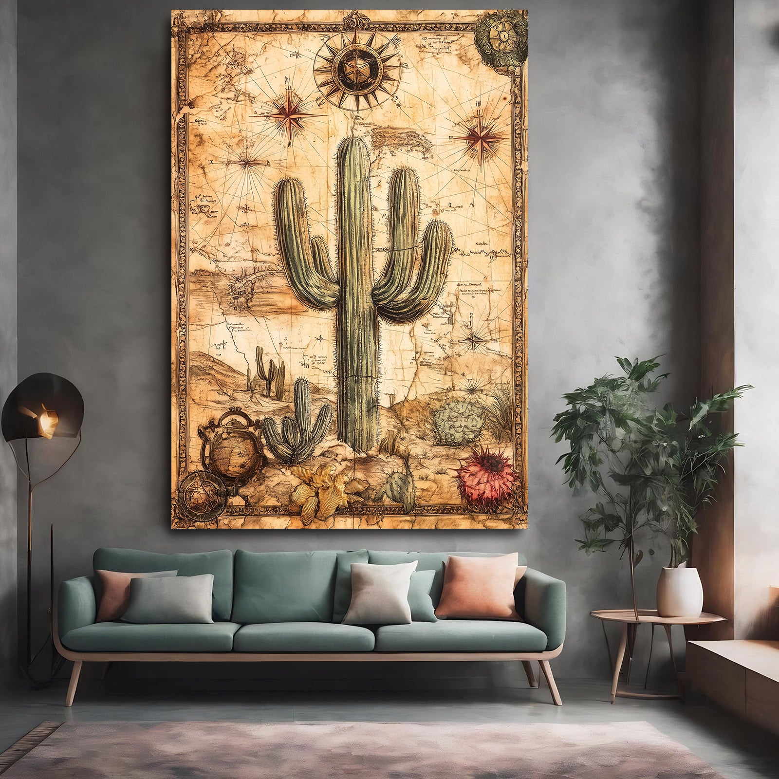 Vintage Map Scroll Cactus Art – styled in a furnished interior