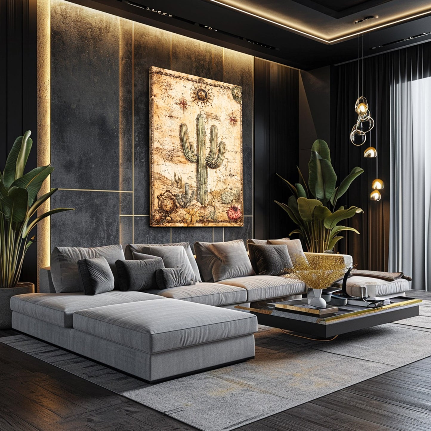 Vintage Map Scroll Cactus Art – styled in a furnished interior