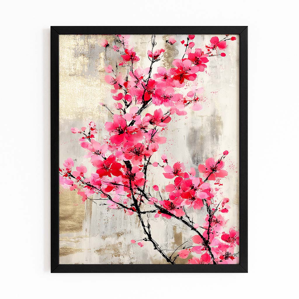 Vintage Plum Branch Cherry Blossom Canvas – with Premium Black frame on white background