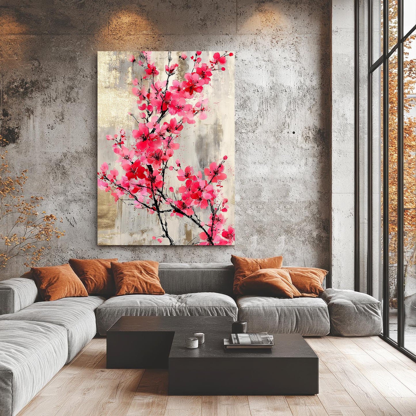 Vintage Plum Branch Cherry Blossom Canvas – styled in a furnished interior
