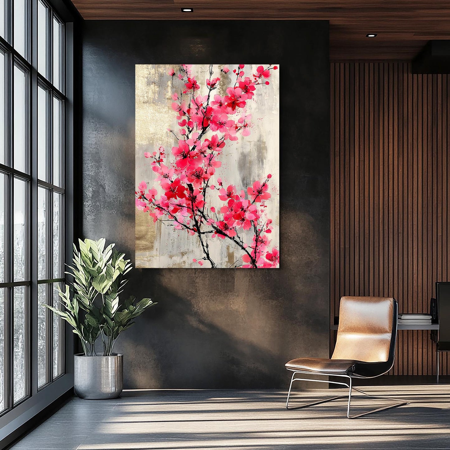 Vintage Plum Branch Cherry Blossom Canvas – styled in a furnished interior
